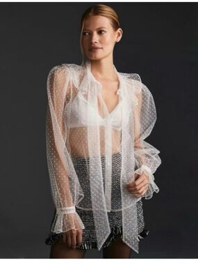 Dolan Sheer White Polka Dot blouse anthologies 
Tie~neck Size S